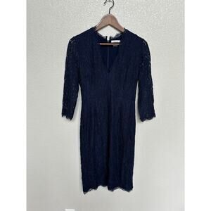 Babaton Aritzia Navy Blue Full lace knee length dress 3/4 sleeves 6 vneck modest